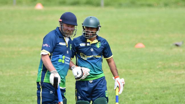 Guild St Mary's batter Justin Larkins, with Prince Chouhan, hit 114 off 69 balls against North Shore. Picture: Wes Cusworth.