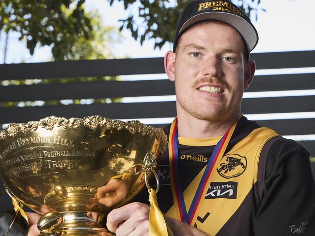 Toby Pink celebrating in Glengowrie, after his SANFL grand final win on Sunday, Monday, Sept. 25, 2023. Picture: Matt Loxton