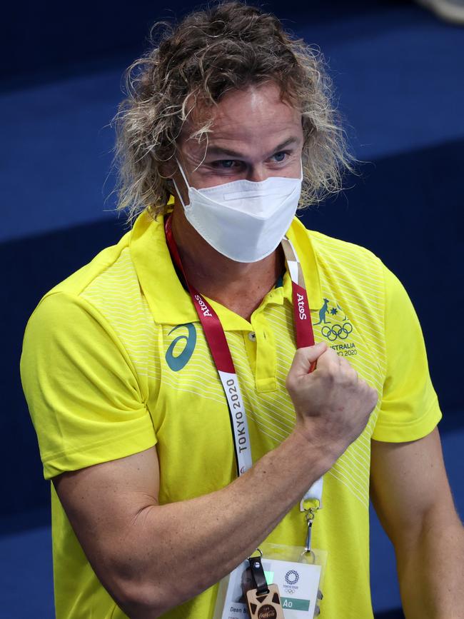 Coach Dean Boxall of Team Australia reacts to Ariarne Titmus' gold medal win. (Photo by Laurence Griffiths/Getty Images)