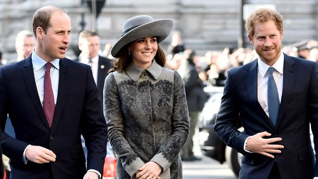 Prince William, Duke of Cambridge, Catherine, Duchess of Cambridge and Prince Harry in March. Picture: Getty