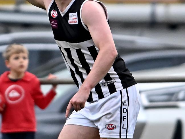 Moonee ValleyÃs Bevan Newell celebrates one of his two goals during the EDFL football match between Sunbury Kangaroos and Moonee Valley in Sunbury, Saturday, July 23, 2022. Picture: Andy Brownbill