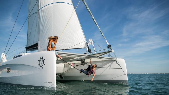 Elayna Carausu and Riley Whitelum on their vessel La Vagabonde. Picture: Supplied