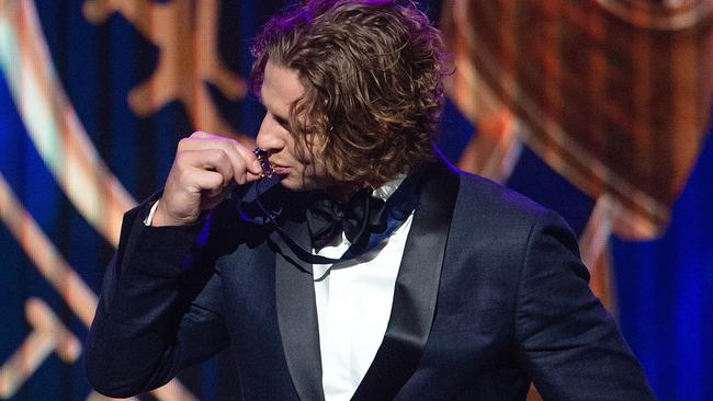 Nat Fyfe kisses his latest Brownlow Medal. Picture: Mark Stewart