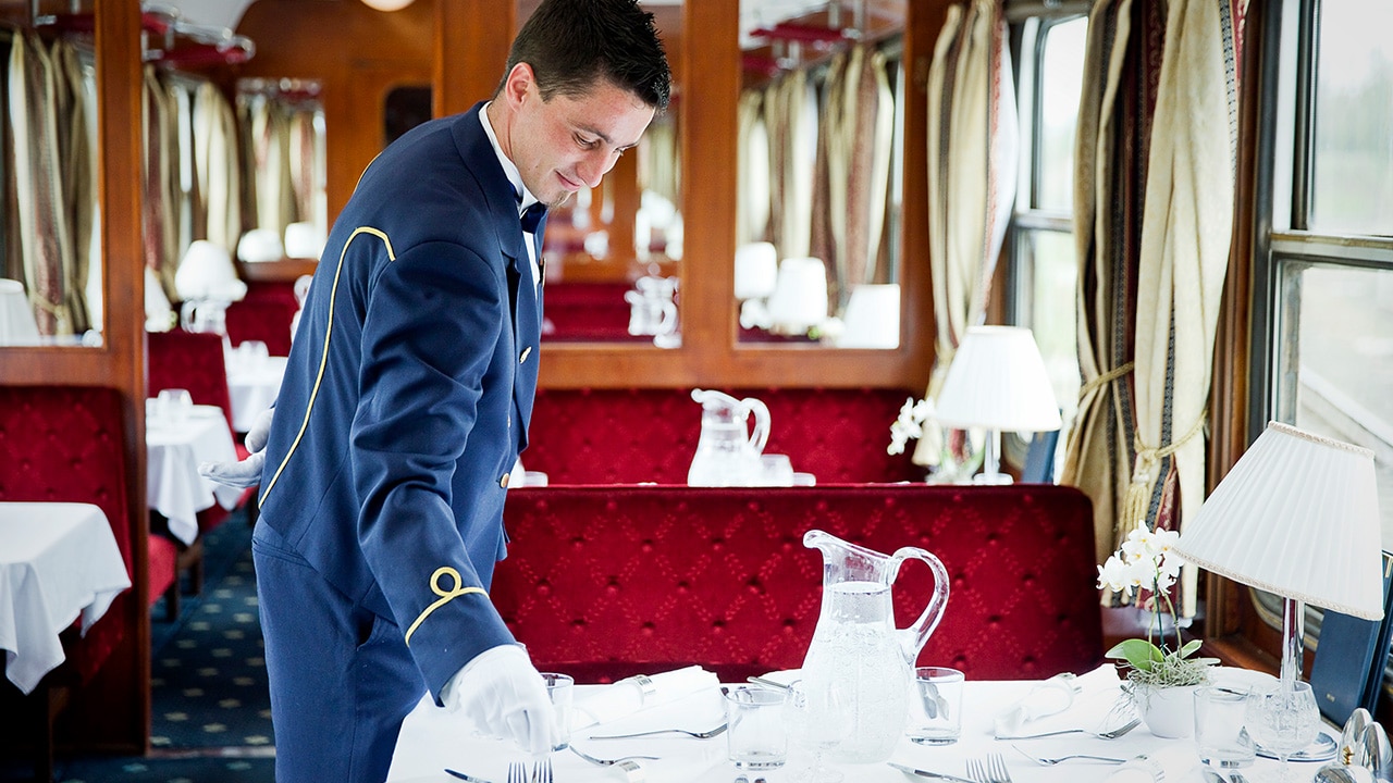 The restaurant car on the Golden Eagle Danube Express train.
