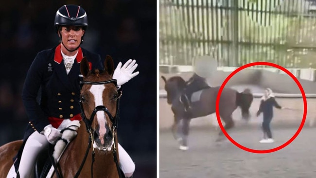 Olympian Charlotte Dujardin competing and (right) whipping the horse. Photos: AFP/X