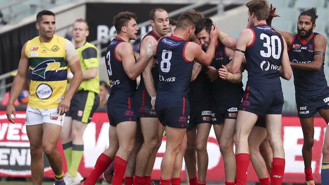 Norwood players celebrate a Matthew Panos goal while Eagle Jared Petrenko and a similarly attired umpire watch on. Picture Sarah Reed