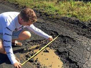 On holiday visiting family, Geraldine Grimish was driving along Caniaba Road into Lismore on a wet night of July 5 when the pothole punctured the front left passenger side tyre and damaged both rims of her car, costing her $750. Picture: Geraldine Grimish