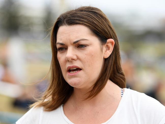 Greens Senator Sarah Hanson-Young speaks to media ahead of a paddle out rally at Bondi Beach, Sydney, Saturday, November 23, 2019. Protests were held around Australia in opposition to plans for Norwegian oil company Equinor to drill in the waters off the Great Australian Bight. (AAP Image/Dan Himbrechts) NO ARCHIVING