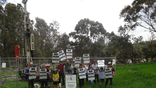 Residents protesting against the North East Link at the Banyule Flats.