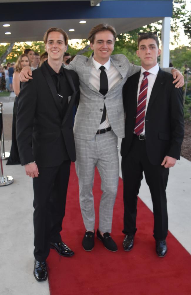 Max Bailey, William Bartsch and Nicholas Pollack at the Mountain Creek State High School formal on November 18, 2022. Picture: Sam Turner