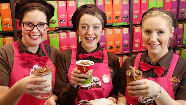 Rylee McGuire, Jackie Ganderton and Kelsey Mollison with some of the Yarra Valley Chocolaterie’s hot chocolate creations. Picture: Andrew Tauber