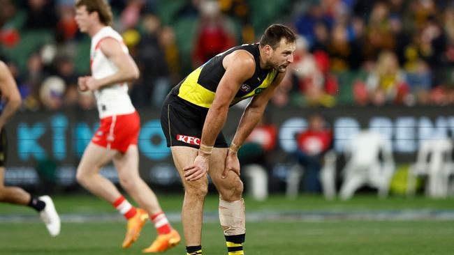 Toby Nankervis of the Tigers looks on during the 2023 AFL Round 17 match between the Richmond Tigers and the Sydney Swans at the Melbourne Cricket Ground on July 6, 2023 in Melbourne, Australia. (Photo by Michael Willson/AFL Photos via Getty Images)