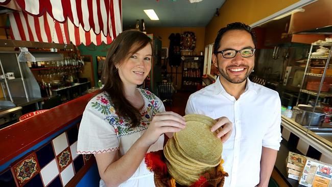 Prize-winning Diana Hull and partner Gerardo Lopez from La Tortilleria in their restaurant in Kensington, Melbourne. Picture: David Geraghty