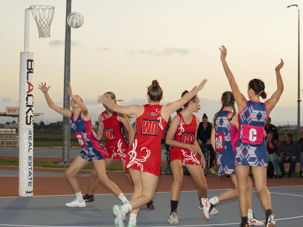 Storm player Lulu Milfull looking for the ball with Phoebe Frances hot on her heels in the 2021 Mackay Netball Association seniors grand final. September 4th, 2021 Picture: Marty Strecker