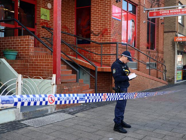 NSW Police have established a crime scene and are investigating an attack by vandals on the NSW Premier Chris Minns’ electorate office in Kogarah. Picture: NewsWire / Nicholas Eagar