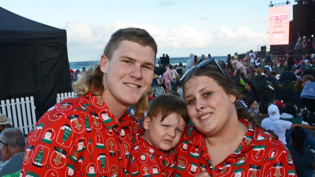 Kyle Rogers, Koda Rogers and Georgia Stacey at Carols on the Beach, Surfers Paradise. Pic: Regina King