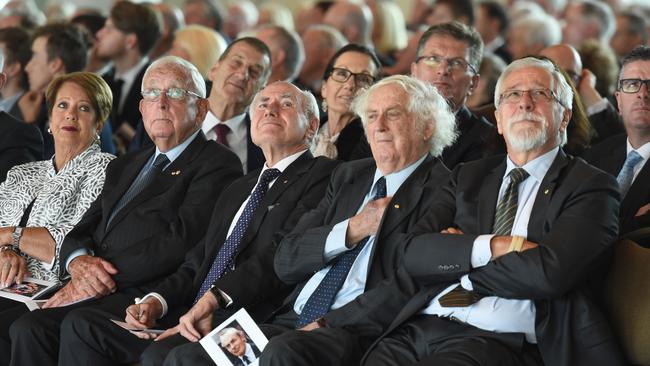 From left, former PM John Howard, historian Geoffrey Blainey and broadcaster Neil Mitchell, with Jeff Kennett, back left. Picture: Tony Gough