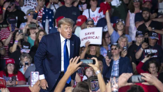 Donald Trump exits the stage after speaking during a rally in Delaware, Ohio. Picture: AFP.