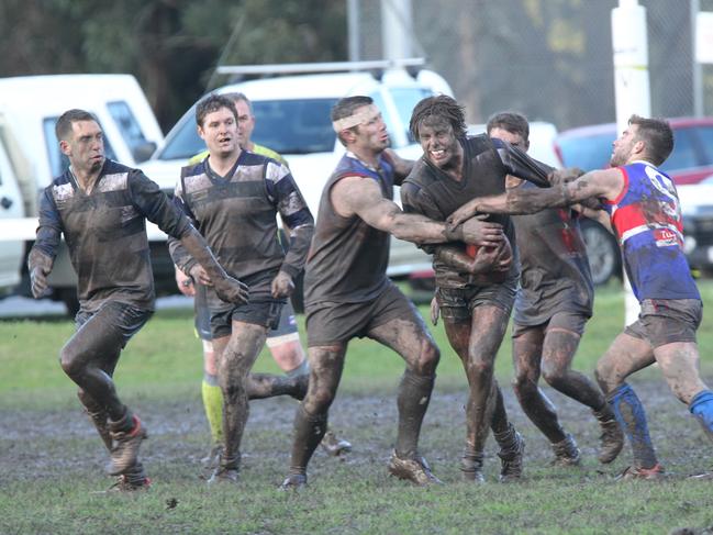 North Gippsland Football League round 15 match between Woodside and Sale City. Sale City came out on top 9.16 (7) to 3.3 (21). With the temperature hover around the 8 degree mark and players covered in mud it was decided to call time at the 17 minute mark of the final term. Picture: Deb Lucas