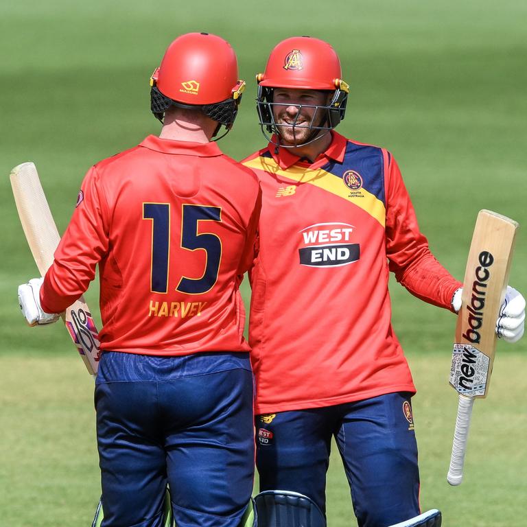 Harvey hit 17 fours and three sixes in his century as he led the chase in only his third game for the Redbacks. Picture: Mark Brake / Getty Images