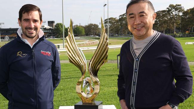 The Daily Telegraph 30.10.2024 Lazzat trainer Jerome Rainier and owner Nurlan Bizakov pictured. Canterbury trackwork with the four internationals here for the Golden Eagle - Ascoli Piceno, Corazon Beat, Lake Forest and Lazzat. Picture: Rohan Kelly.