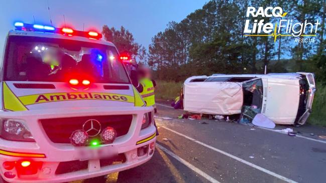 A woman was seriously injured after her car rolled three times on the Old Bruce Highway. Photo: LifeFlight