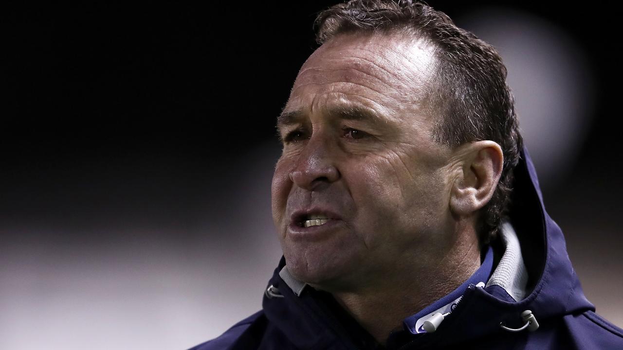 SYDNEY, AUSTRALIA - JULY 20: Raiders coach Ricky Stuart shouts instructions from the bench during the round 19 NRL match between the Cronulla Sharks and the Canberra Raiders at Southern Cross Group Stadium on July 20, 2018 in Sydney, Australia. (Photo by Mark Kolbe/Getty Images)