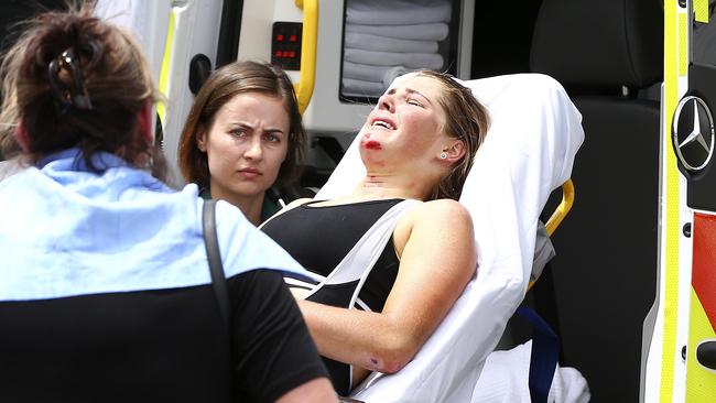 Rider Macey Stewart, from the Wiggle High5 team, taken from an ambulance into a room at the Gumeracha Oval for further treatment. Picture: Sarah Reed