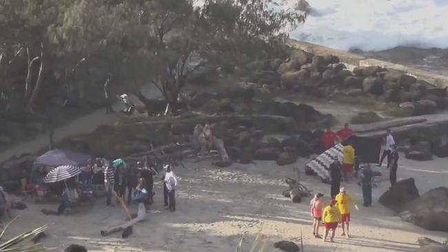 Scene of a fatal drowning at Froggy's Beach, Rainbow Bay on the Gold Coast. Picture: 9 News Gold Coast,