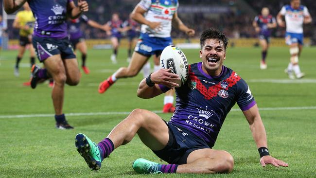 Young Tonumaipea of the Storm scores a try during the Round 8 NRL match between the Melbourne Storm and the New Zealand Warriors at AAMI Park in Melbourne, Wednesday, April 25, 2018. (AAP Image/Hamish Blair) NO ARCHIVING, EDITORIAL USE ONLY