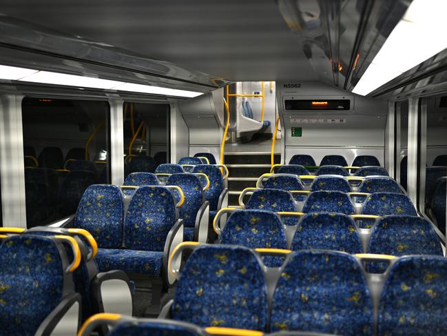 An empty commuter train travelling through the CBD in Sydney in April. Picture: AAP