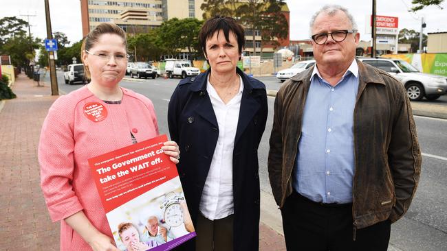 Australian Nursing and Midwifery Federation SA branch secretary Elizabeth Dabars, SASMOA senior industrial officer Bernadette Mulholland, and AEA SA secretary Phil Palmer. Image AAP/Mark Brake