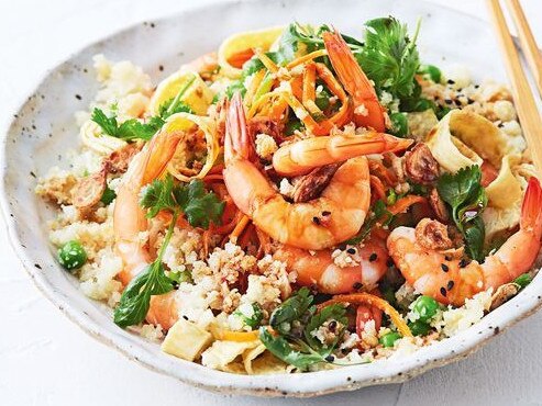 Cauliflower fried rice with prawns.