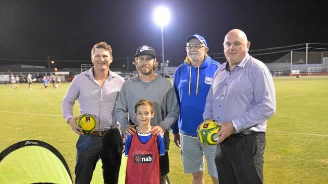 NAB representatives Mungo O'Brien (far left) and Dean Pettis (far right) with Josh Brillante, The Waves president Mick McLachlan and The Waves junior Nathan Saffioti. Picture: Shane Jones