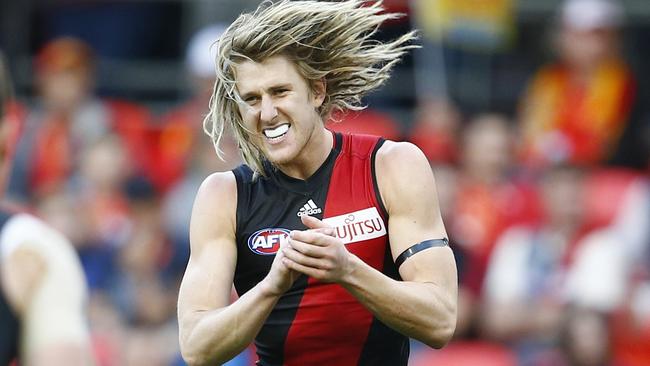 AFL Round 21. Gold Coast Suns vs Essendon at Metricon Stadium, Gold Coast. Dyson Heppell celebrates kicking Essendons first goal . Pic: Michael Klein