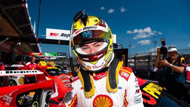 DARWIN, AUSTRALIA — JUNE 16: (EDITORS NOTE: A polarising filter was used for this image.) Scott McLaughlin driver of the #17 Shell V-Power Racing Team Ford Mustang celebrates after taking pole position for race 2 of the Darwin Triple Crown round of the Supercars Championship at Hidden Valley Raceway at Hidden Valley Raceway on June 16, 2019 in Darwin, Australia. (Photo by Daniel Kalisz/Getty Images)