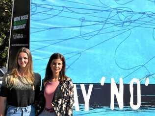 SEALIFE STAND: Hannah Tait and Jordan Sosnowski of Action for Dolphins with the confronting anti-shark net billboard in Noosa on Wednesday. Picture: Peter Gardiner