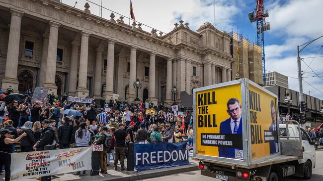 Protesters gather on the steps of Victorian Parliament to protest the new pandemic bill in response to the Covid-19 pandemic. Picture: Jason Edwards