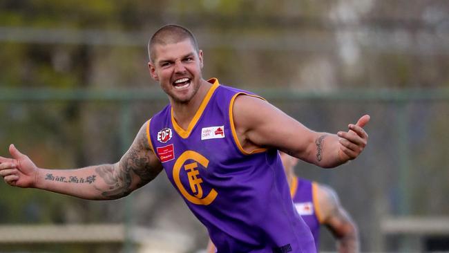 Cameron Cloke celebrates one of his 127 goals during his last stint with Jacana. Picture: Mark Dadswell