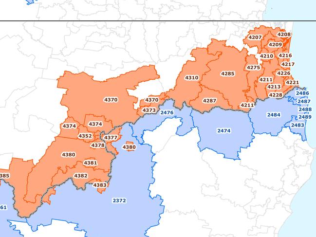 A map released by the QLD Government outlining postcodes within the "border bubble".