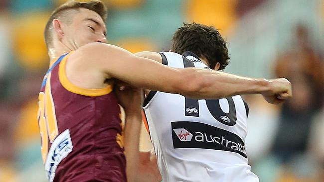 AFL debate on a red card will start again after the weekend’s heavy hit from GWS forward Jeremy Cameron and Brisbane defender Harris Andrews put the Lions full back out of the game after just 11 minutes. Picture: Jono Searle (Getty Images)