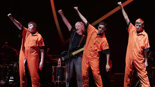 Roger Waters and members of the Ipswich West Special School choir during rehearsals in Brisbane on Tuesday. Picture: Lyndon Mechielsen