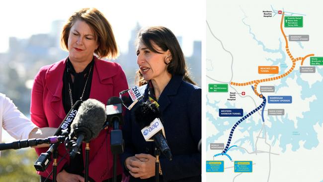 Roads Minister Melinda Pavey and Premier Gladys Berejiklian make the tunnel announcement and (right) an artist’s impression map of the proposed tunnel.