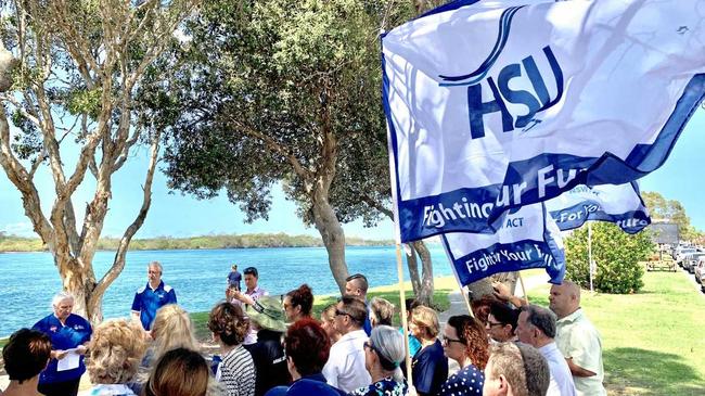 The Health Services Union addresses workers at a protest earlier this year. Picture: Scott Powick