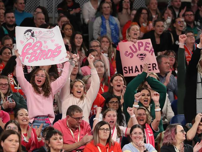 MELBOURNE, AUSTRALIA - JULY 08: Fans show their support during the 2023 Super Netball Grand Final match between Adelaide Thunderbirds and NSW Swifts at John Cain Arena on July 08, 2023 in Melbourne, Australia. (Photo by Kelly Defina/Getty Images)