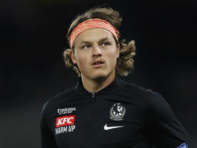 MELBOURNE, AUSTRALIA - AUGUST 18: Jack Ginnivan of the Magpies warms up before the round 23 AFL match between Collingwood Magpies and Brisbane Lions at Marvel Stadium, on August 18, 2023, in Melbourne, Australia. (Photo by Daniel Pockett/Getty Images)