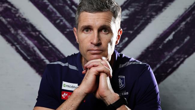 PERTH, AUSTRALIA - SEPTEMBER 30: Justin Longmuir,  coach of the Fremantle Dockers poses following a Fremantle Dockers AFL press conference at the Fremantle Derby Club Lecture Theatre on September 30, 2019 in Perth, Australia. (Photo by Paul Kane/Getty Images)