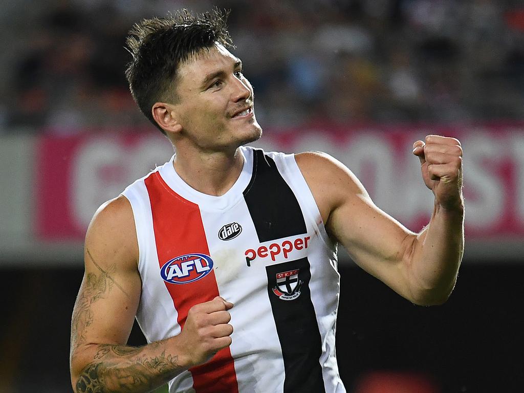 Josh Battle gives a fist-pump while playing for the Saints earlier in the year. Picture: Quinn Rooney/Getty Images