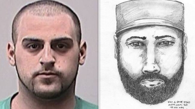 Texas murder suspect Derek Whisenand is already on the run in Canada (left) and looks similar to the sketch of the man wanted for questioning (right).