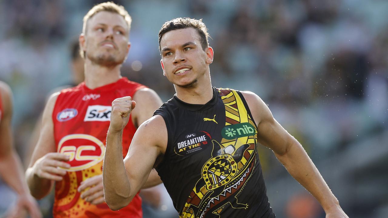 NCA. MELBOURNE, AUSTRALIA. August 24,   2024. AFL Round 24. Richmond vs Gold Coast Suns at the MCG.   Richmonds Daniel Rioli celebrates a 2nd quarter goal   . Pic: Michael Klein